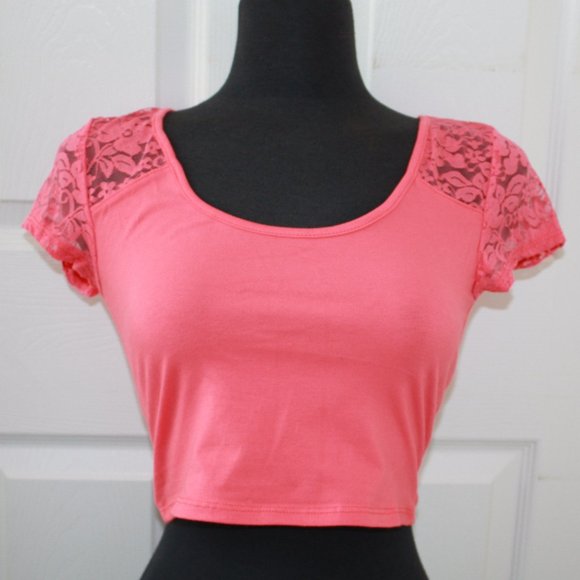 Ambiance Tops - Ambiance Apparel Coral Lace Crop Top